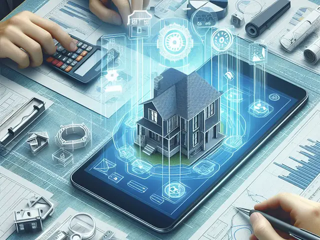 Illustrative image: a house model on a tablet surrounded by property icons.