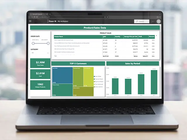 The Power BI dashboard on a laptop screen: product sales table, top-5 customers treemap and sales by period.