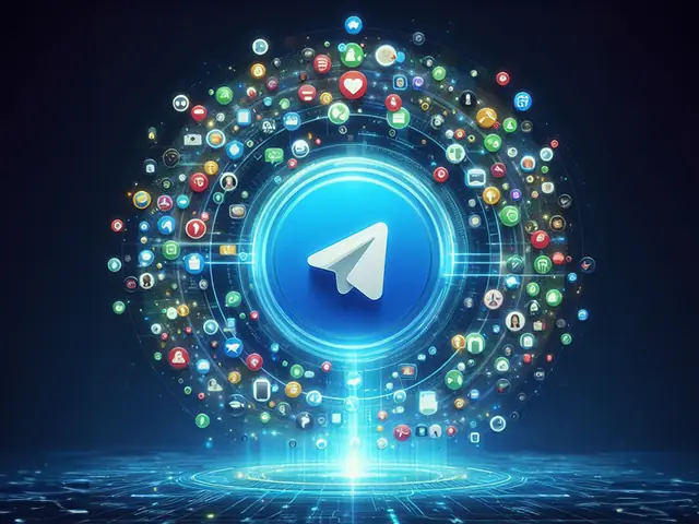 Illustrative image: the Telegram logo surrounded by a ring of app icons.
